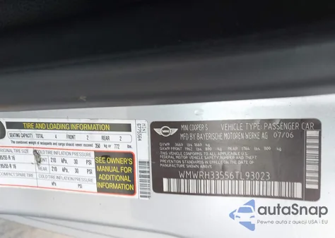 2006 Mini Cooper S from USA, damaged, VIN WMWRH33556TL93023